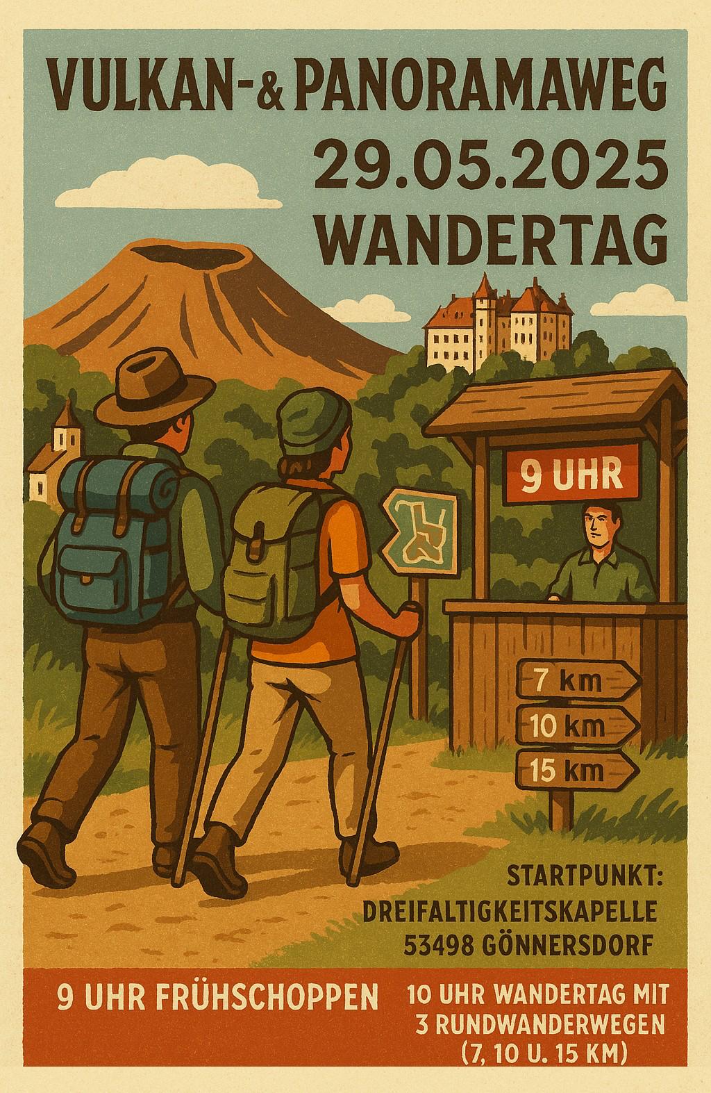 Titel des Plakats: Vulkan- und Panoramaweg Wandertag Datum der Veranstaltung: Donnerstag, 29. Mai 2025  Beschreibung des Bildes: Das Plakat zeigt eine gezeichnete Wanderszene in einer hügeligen, bewaldeten Landschaft mit einem Vulkan und einem Schloss im Hintergrund. Zwei Personen mit Wanderkleidung, Rucksäcken und Wanderstöcken gehen einen Weg entlang in Richtung eines Anmeldestandes. Über dem Stand hängt ein Schild mit der Aufschrift „9 Uhr“. Rechts daneben steht ein Wegweiser mit drei Entfernungsangaben: 7 Kilometer, 10 Kilometer und 15 Kilometer.  Textinformationen am unteren Rand:      Startpunkt der Wanderung: Dreifaltigkeitskapelle, 53498 Gönnersdorf      9 Uhr Frühschoppen      10 Uhr Beginn des Wandertags mit drei Rundwanderwegen: 7 Kilometer, 10 Kilometer und 15 Kilometer  Die Gestaltung ist im Retro-Stil mit warmen Farben und klaren Kontrasten, um die Lesbarkeit zu erhöhen.